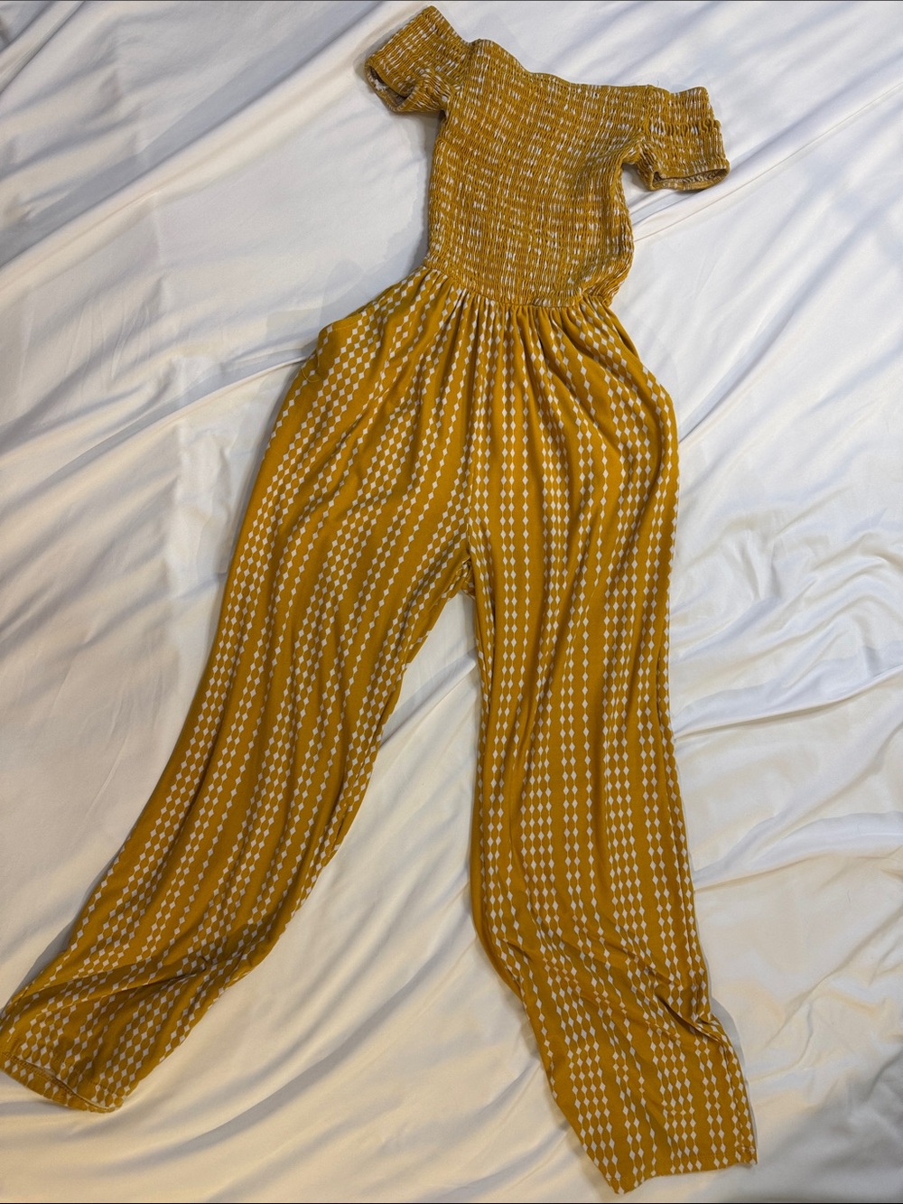 Justify Mustard Yellow Off-Shoulder Smocked Jumpsuit with Vertical Dots